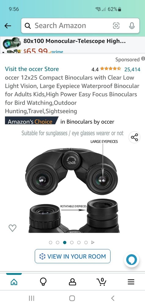 Occer - 12x25 Compact Binoculars with Clear Low Light Vision Large Eyepiece
