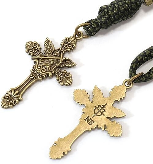 Antique Bronze Black Beads Paracord Rosary Necklace St. Michael Medal Chaplet