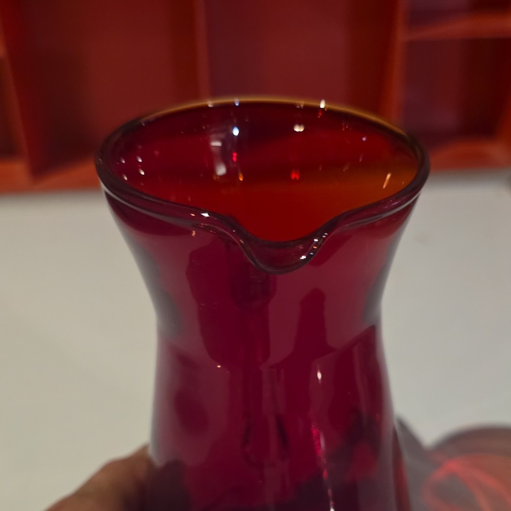 Red Hand Blown Ruby Glass Pitcher with Clear Handle, Glossy Finish, Round
