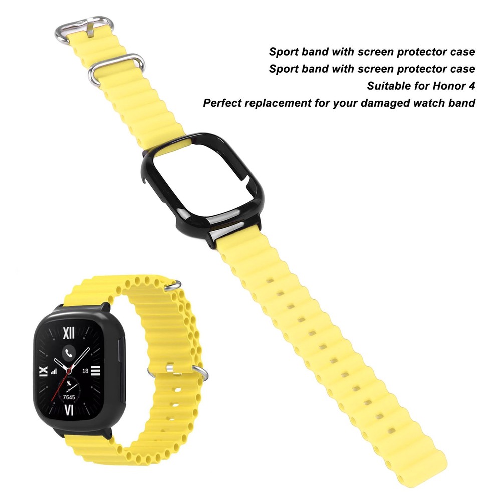 Silicone Watch Band With Case Replacement For Honor 4 Adjustable Strap (Yellow)