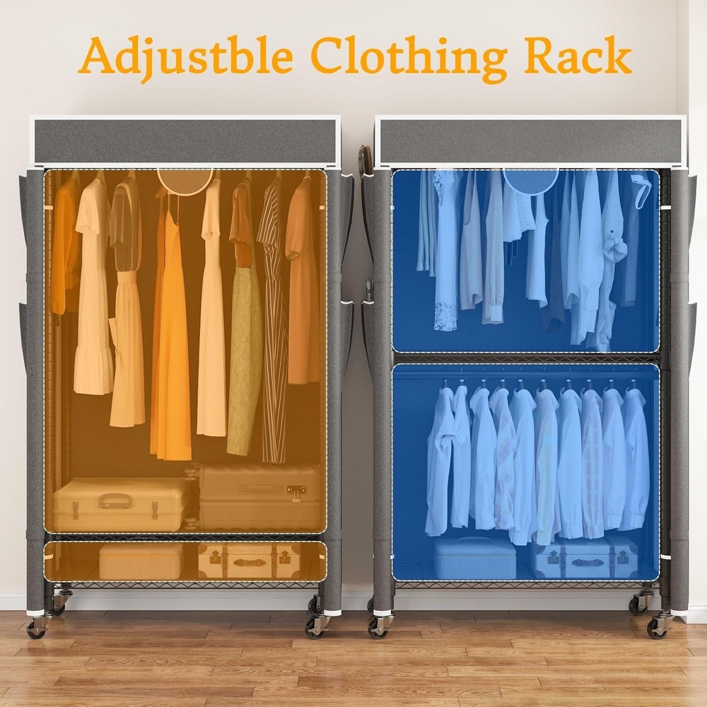 Rolling Garment Rack w/Oxford Fabric & Convenient Side Pockets & Secure Strap#
