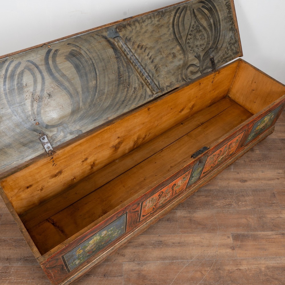 Long Narrow Hand Painted Pine Trunk Bench, Dated 1889