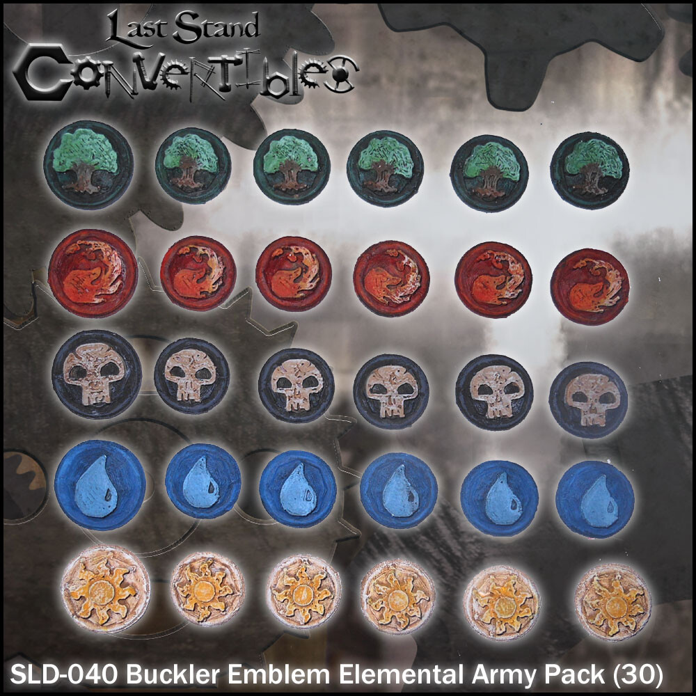 LAST STAND CONVERTIBLES BITS SHIELDS - BUCKLER EMBLEM ELEMENTAL ARMY PACK (30)