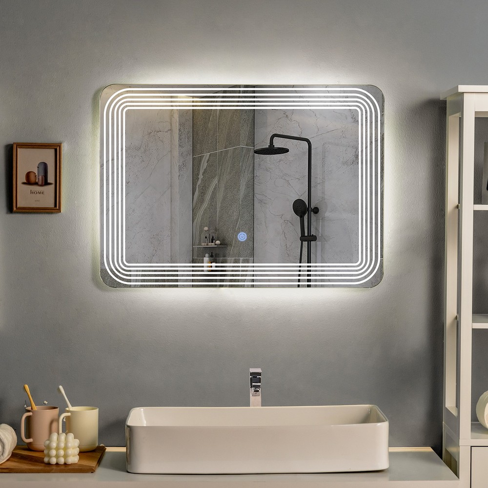 Rectangle Bathroom LED Mirror Wall Mounted 3-Color Dimmable Touch Switch Makeup