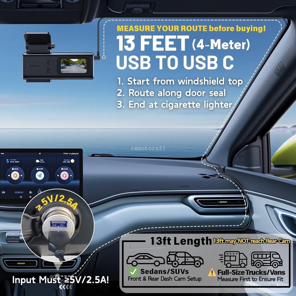 Dash Cam Charging Power Cable w/ USB Type C 13FT 90 Degree Angle for Dashboard