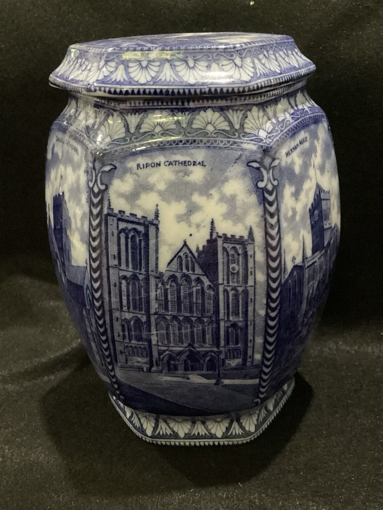 Rington's Maling Ware Tea Caddy England - Cathedrals 1929 Blue Transfer Ware @FS