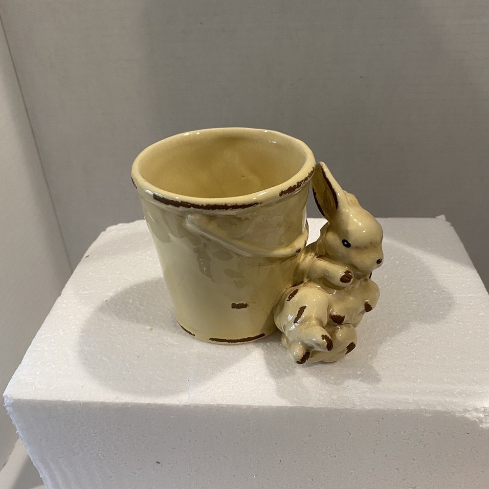 Rustic Yellow Bunny Rabbit on Pail Ceramic Small Planter