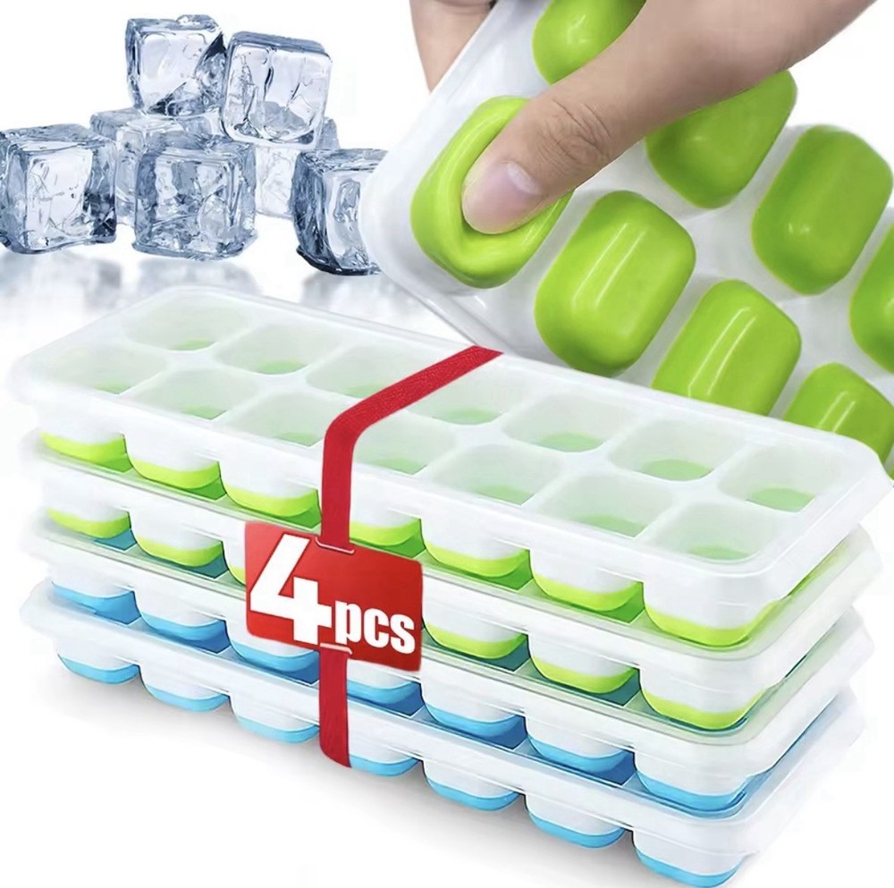 Ice Cube Tray, 4 Pack Silicone Ice Tray, 14 Ice Cube Molds with Lids, Stackable