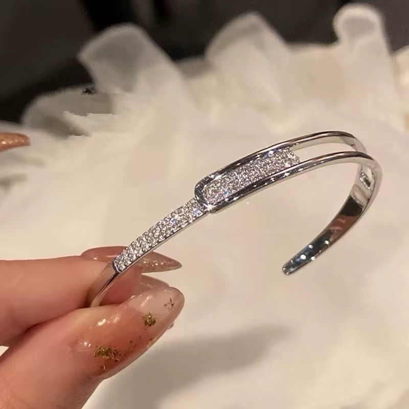 925 Solid Sterling Silver Cubic Stone Open Cuff Bangle Bracelet With A Gift Bag