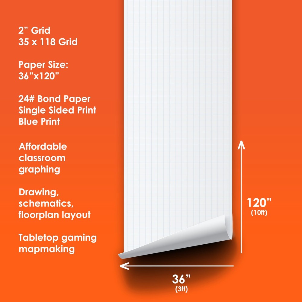 Geyer 36"x120" Large Blue Grid 2" Graph Paper Roll for Plotting/Drawing