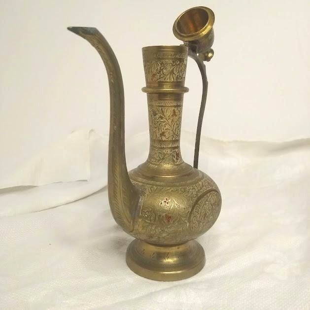 Indian Brass Ewer, Etched Aftaba Pitcher
