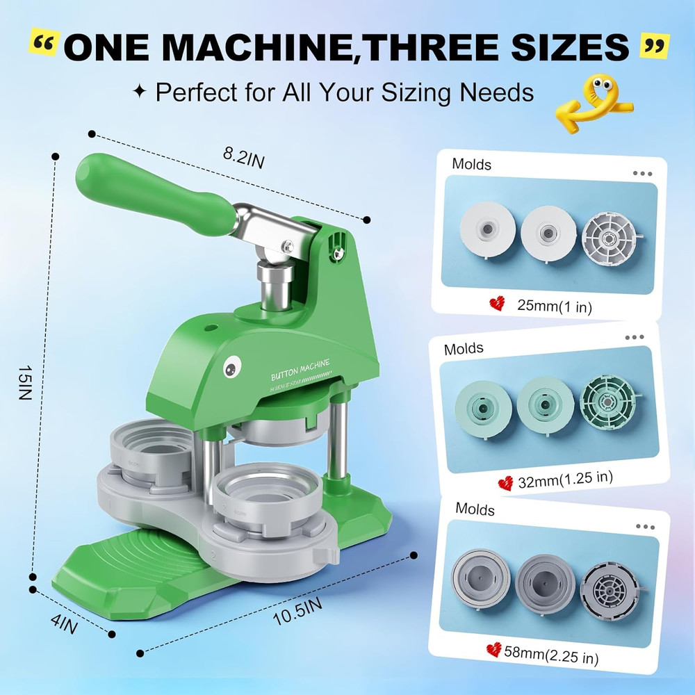 Button Maker Machine 3 Sizes, DIY Pin Making Machine 1+1.25+2.25 Inch, Interchan