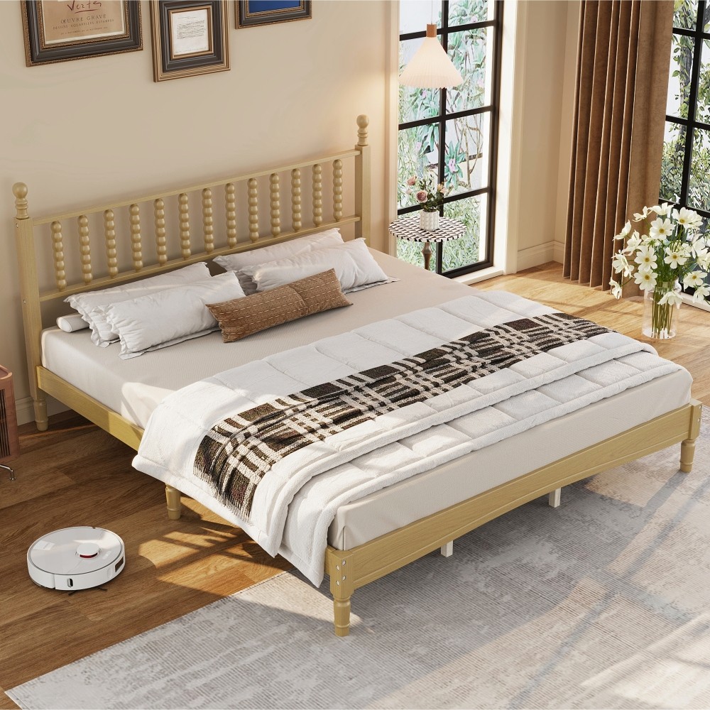 King Platform Bed Retro Frame With Gourd Headboard No Box Spring