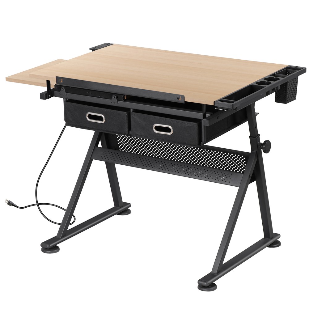 Drafting Desk Drawing Table Adjustable w/ Stool Arts & Charging Station Natural