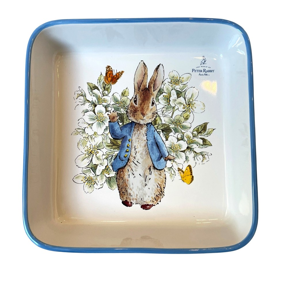 Beatrix Potter Peter Rabbit 9" Square Ceramic Baker Blue Rim Easter Bakeware NEW