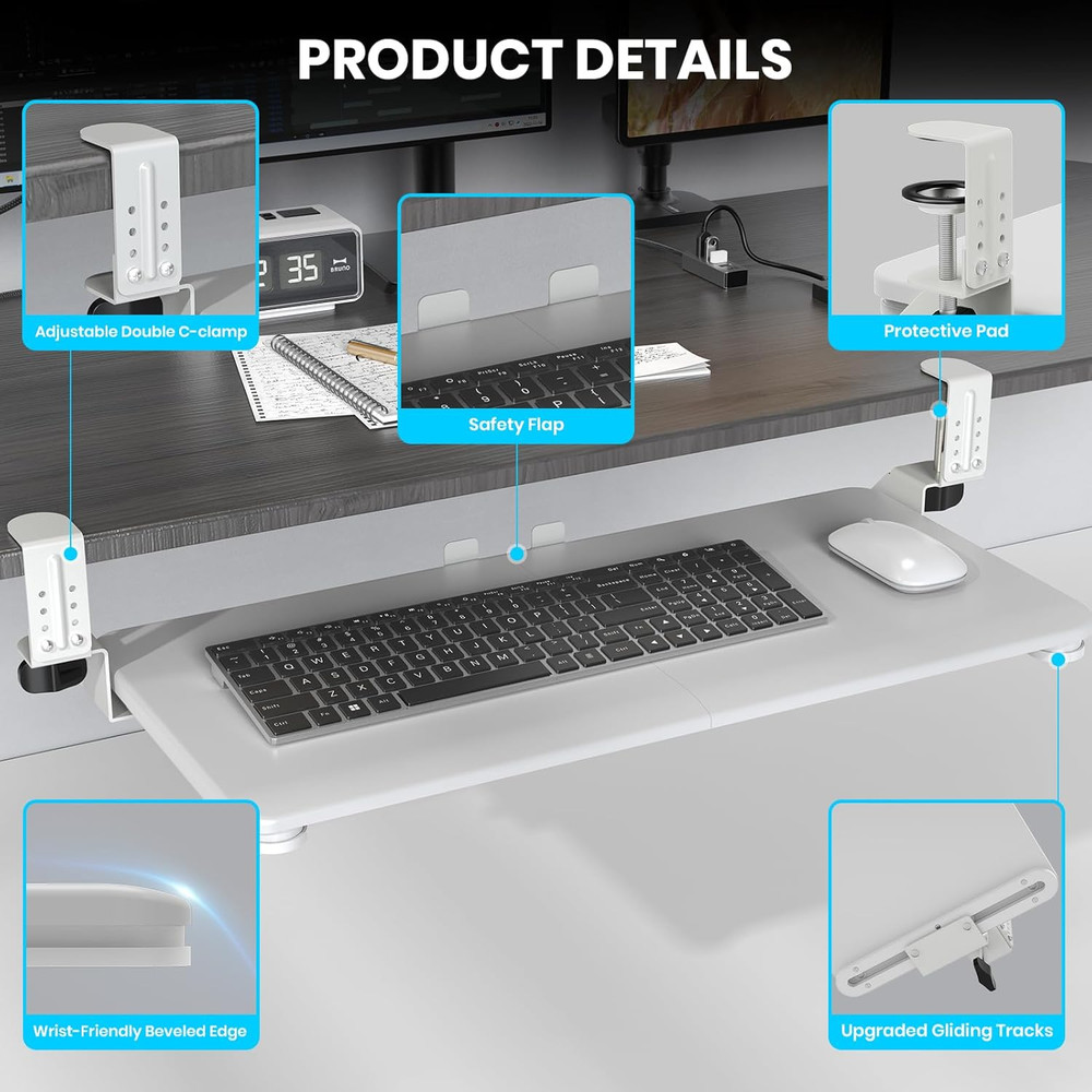 Keyboard Tray under Desk, Pull Out Keyboard & Mouse Tray with Adjustable C-Clamp
