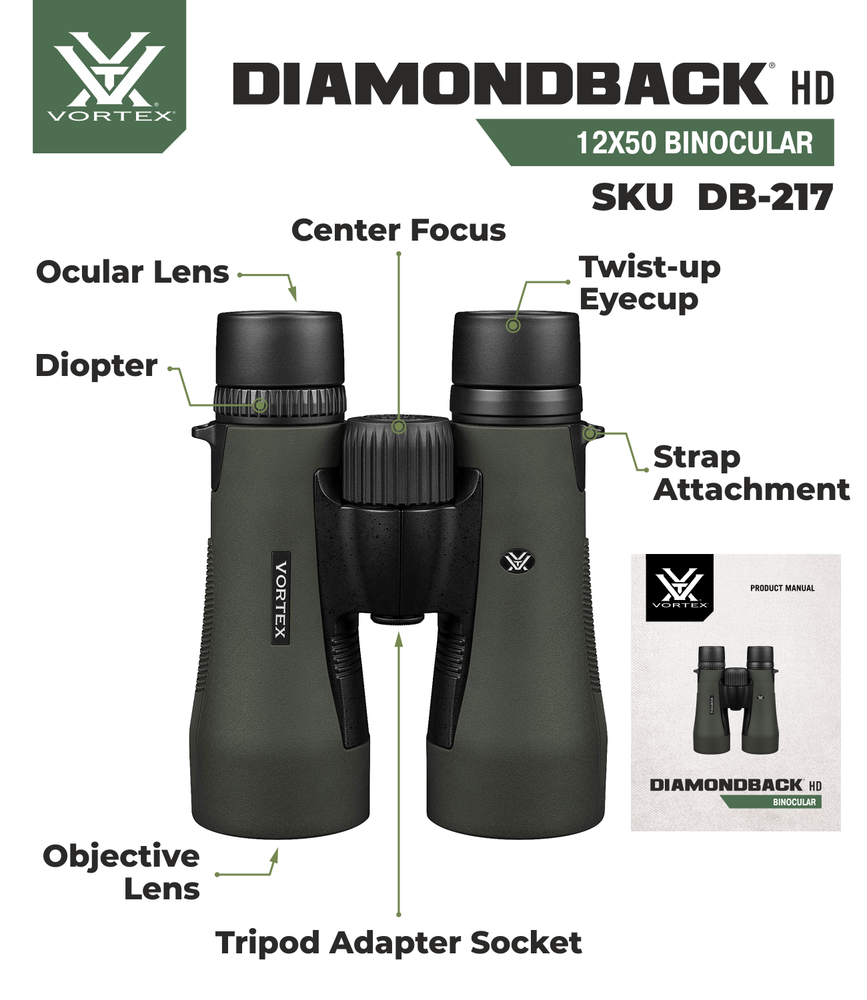 Vortex Optics Diamondback HD 12x50 Binocular with Free Camo Forest Hat Bundle