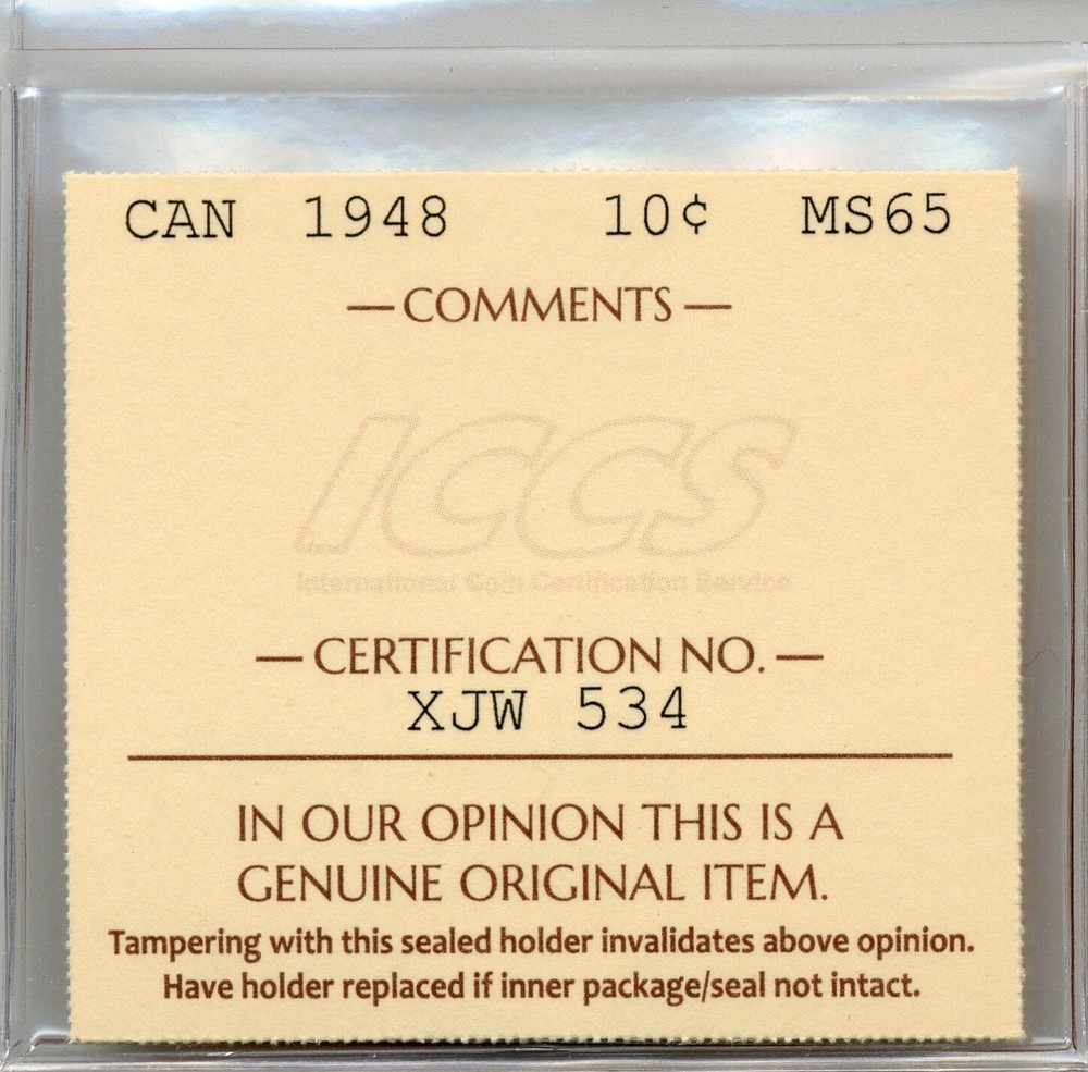 1948 Canada 10 Cents - Gem Uncirculated, ICCS MS 65