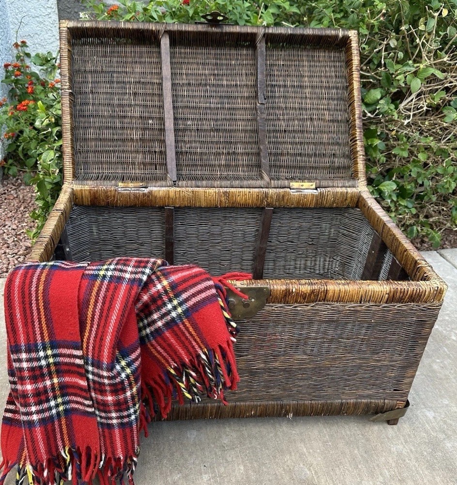 Antique Wicker Blanket Chest c1905 Cane Trunk Brass Hardware