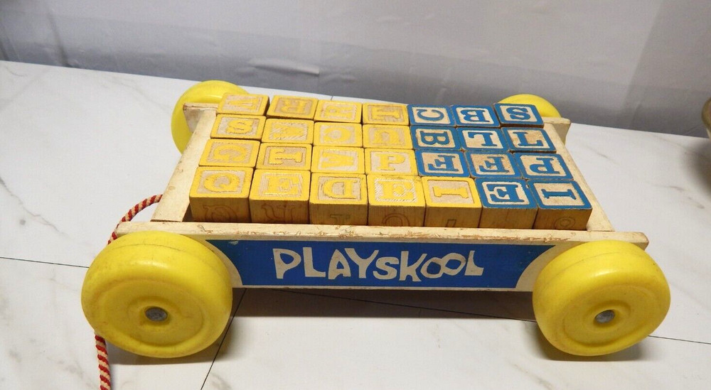 Vintage Playskool Wooden Pull Wagon w/ Alphabet Blocks