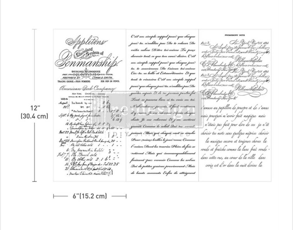 Redesign With Prima VINTAGE SCRIPT Mini Decor Transfer, Black Script Writing