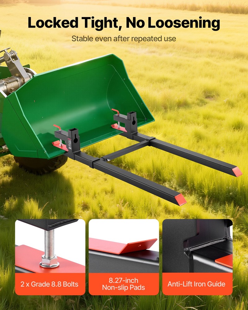 VEVOR 60" 2000 lbs Pallet Fork Clamp on Tractor Forks with Stabilizer Bar