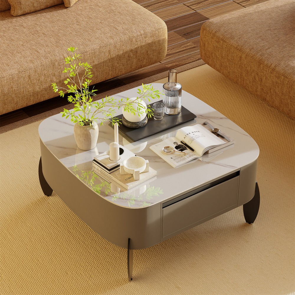 32'' Diameter Modern Coffee Table Luxury Stone Top Saddle Leather Center Table