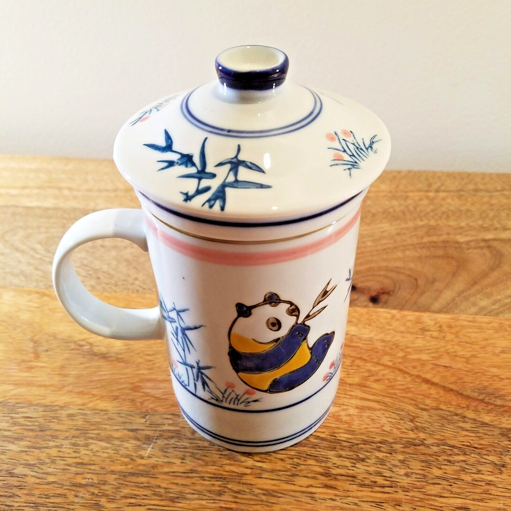 Blue Moon Panda Bear Lidded Tea Infuser Mug Cup Lid Ceramic Teacup Pot Maker