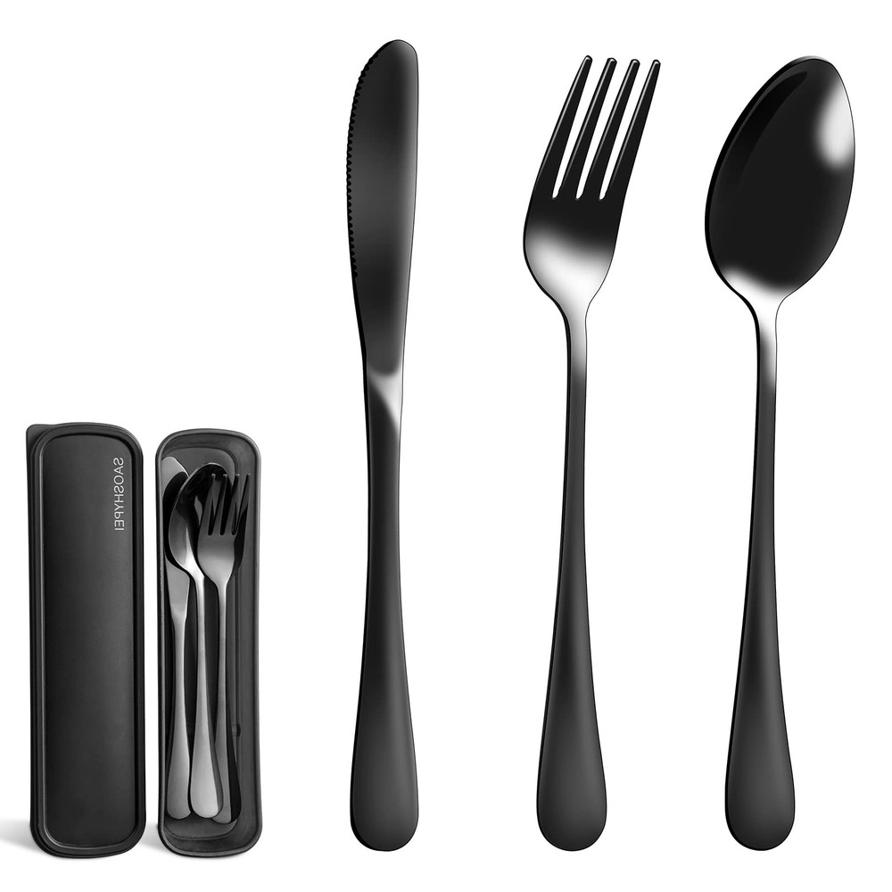 Portable Utensils Set with Case, 4pcs Stainless Steel Reusable Silverware for...