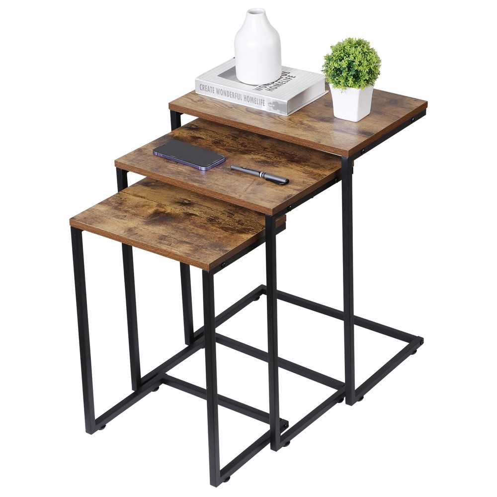 Nesting Coffee Table Set of 3 Stacking C-Shape Accent End Table with Metal Frame