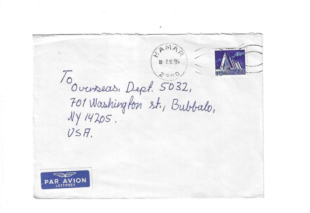 NORWAY 1981 Cover sent from Hamar to U.S.