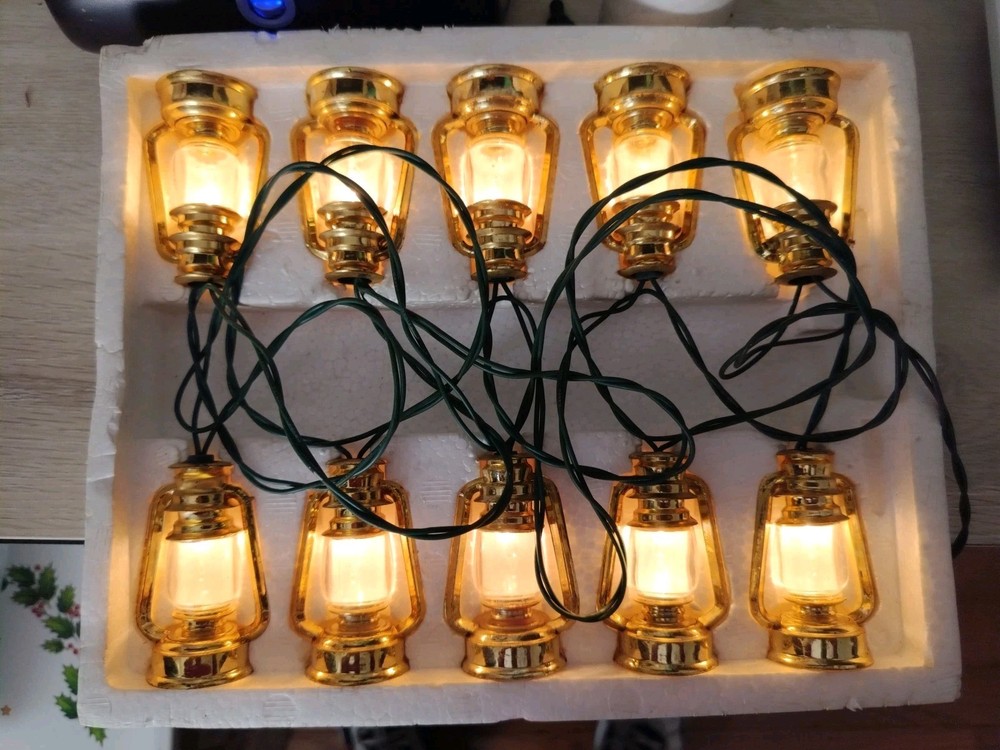 Vtg Gold Lanterns 10 Miniature Blinking Light Set w Box Read