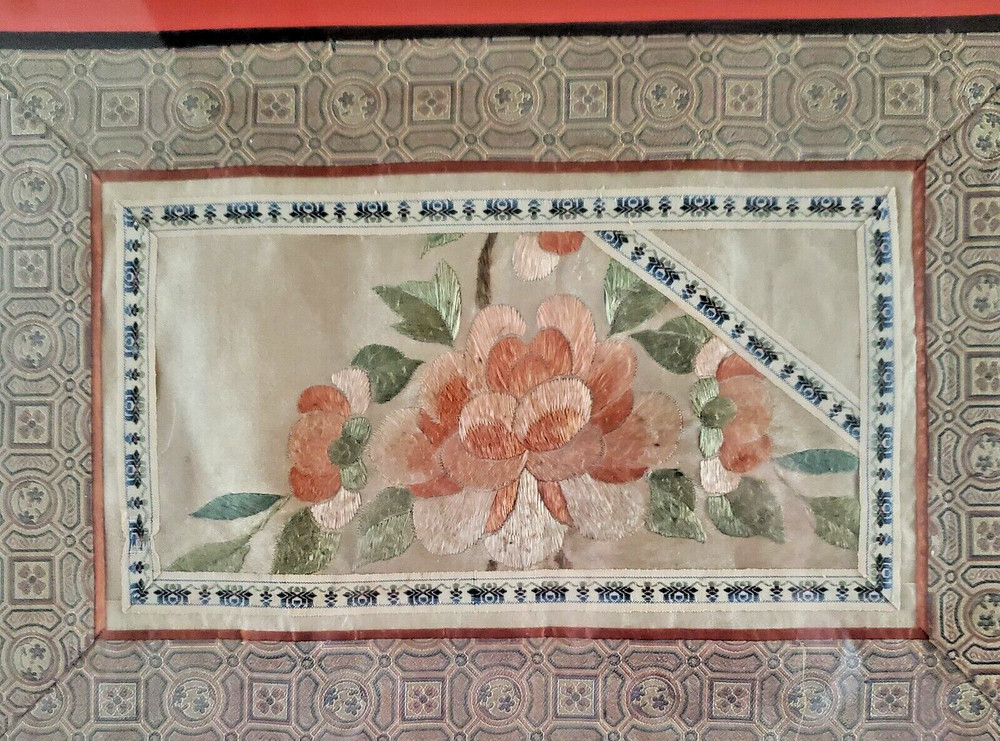 Chinese Silk Peony Hand Embroidered Framed Panel Square wShadow Box Effect 21x17
