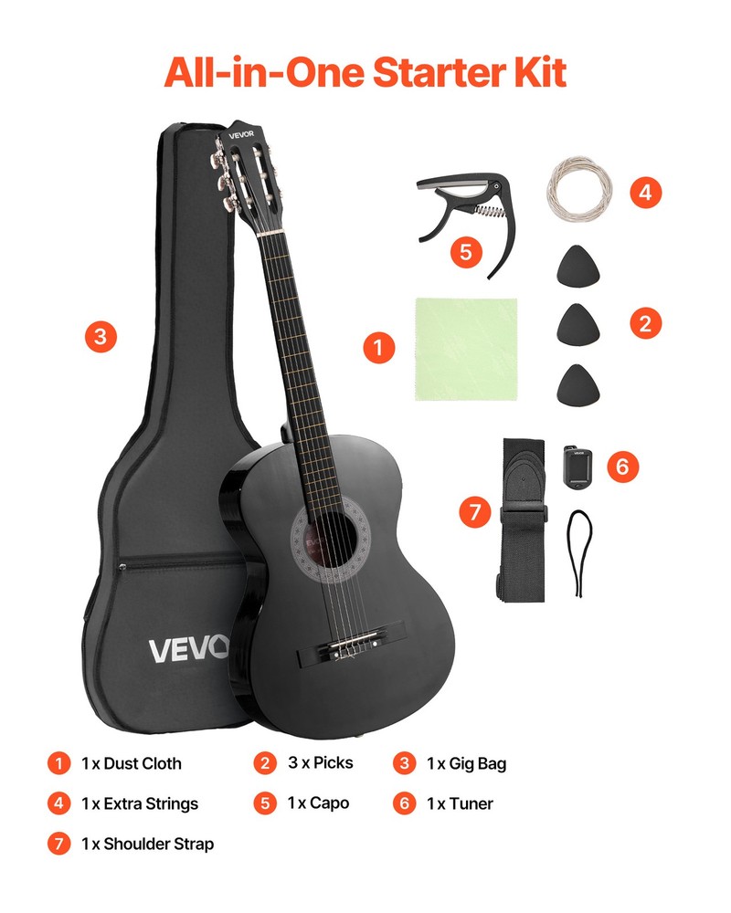 VEVOR Classical Guitar 38 in Guitar Beginner Starter Kit Nylon Strings Black