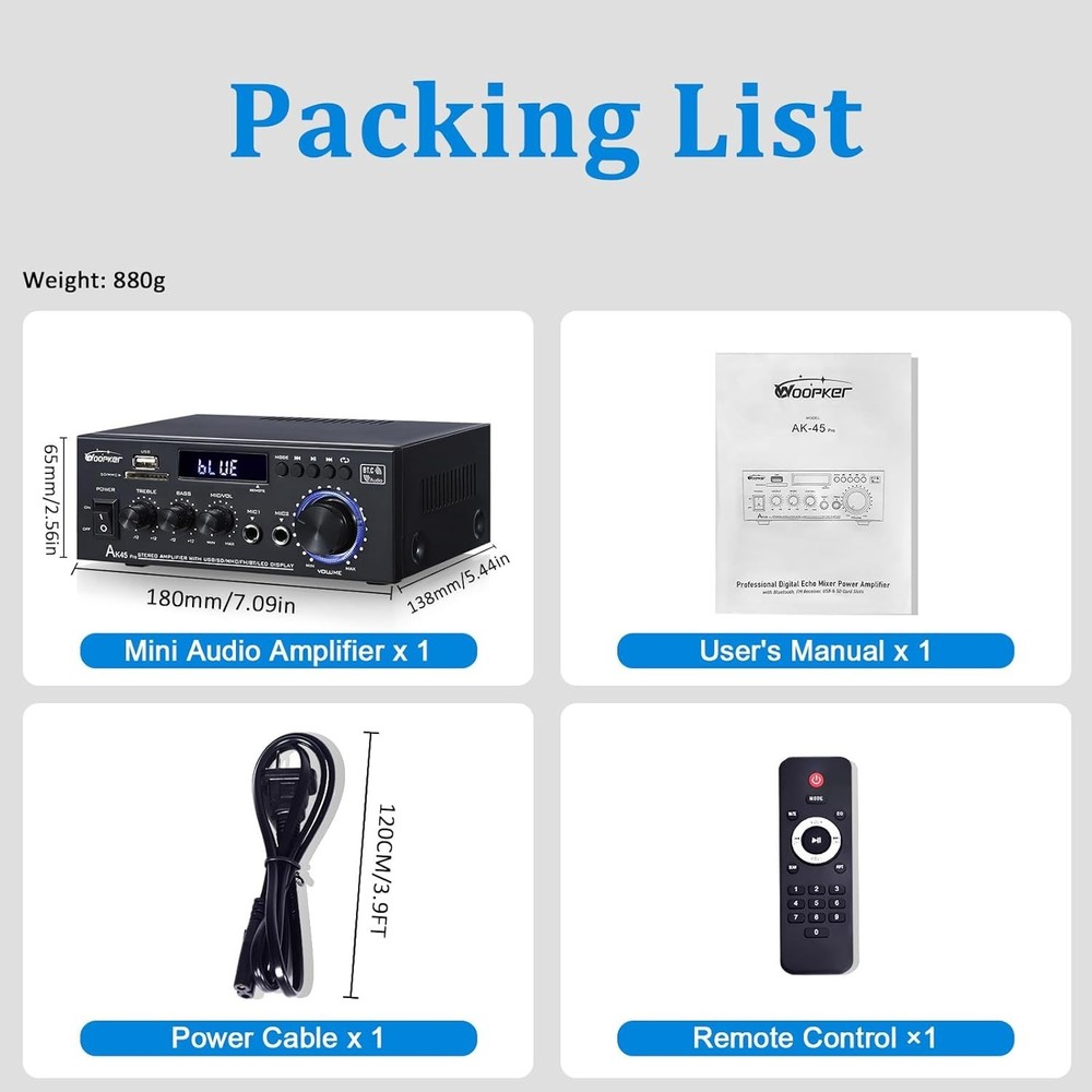 AK45 Pro Mini Audio Amplifier - 2 MIC, USB & RCA Inputs for Enhanced Listening