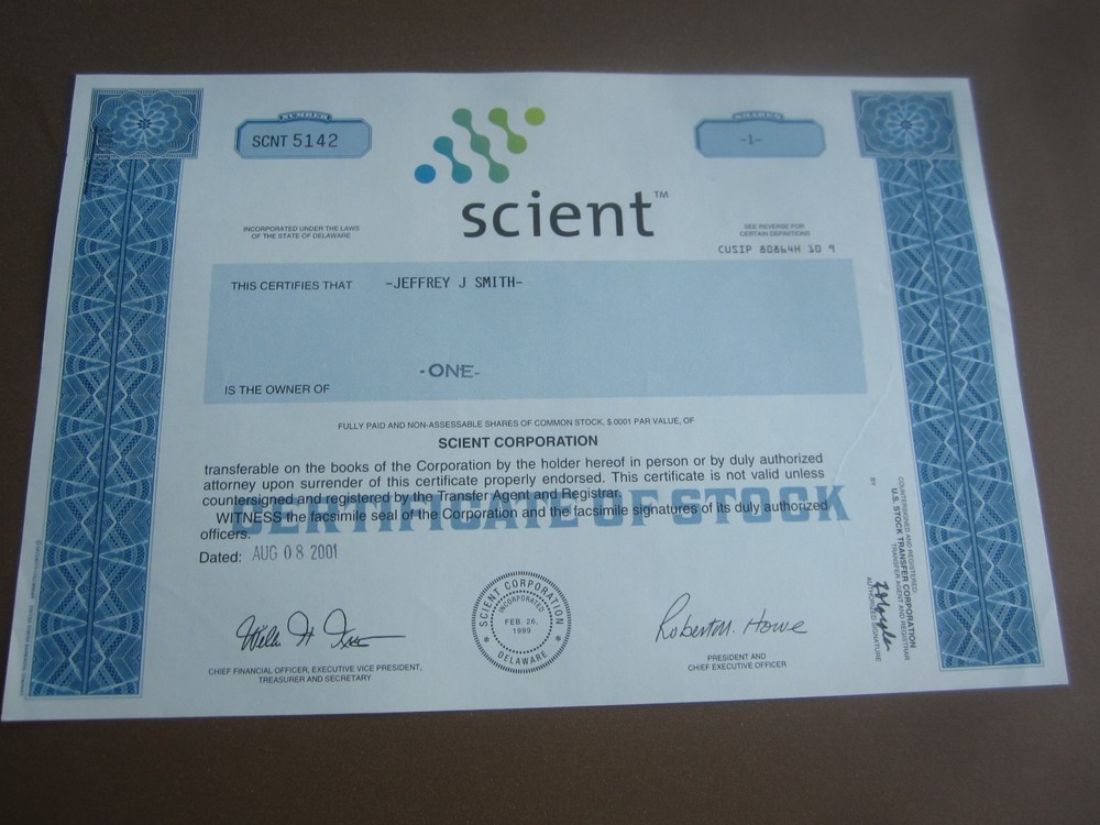 2001 - SCIENT CORPORATION -  Stock Certificate