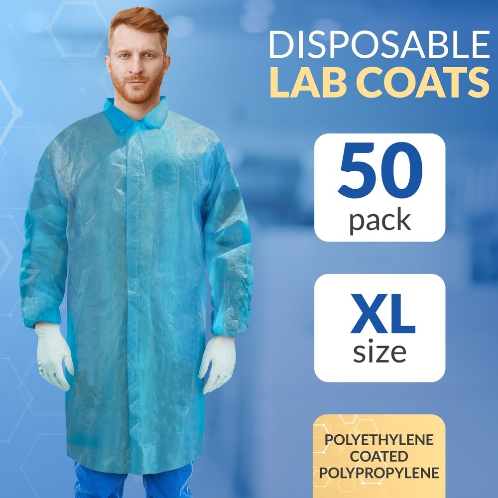 50-Pack XL Blue Disposable Lab Coats, Polypropylene with Hook & Loop