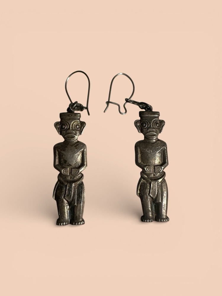 Tribal Figure Earrings Silver Tone Boho Ethnic Statement Dangles 1.5”