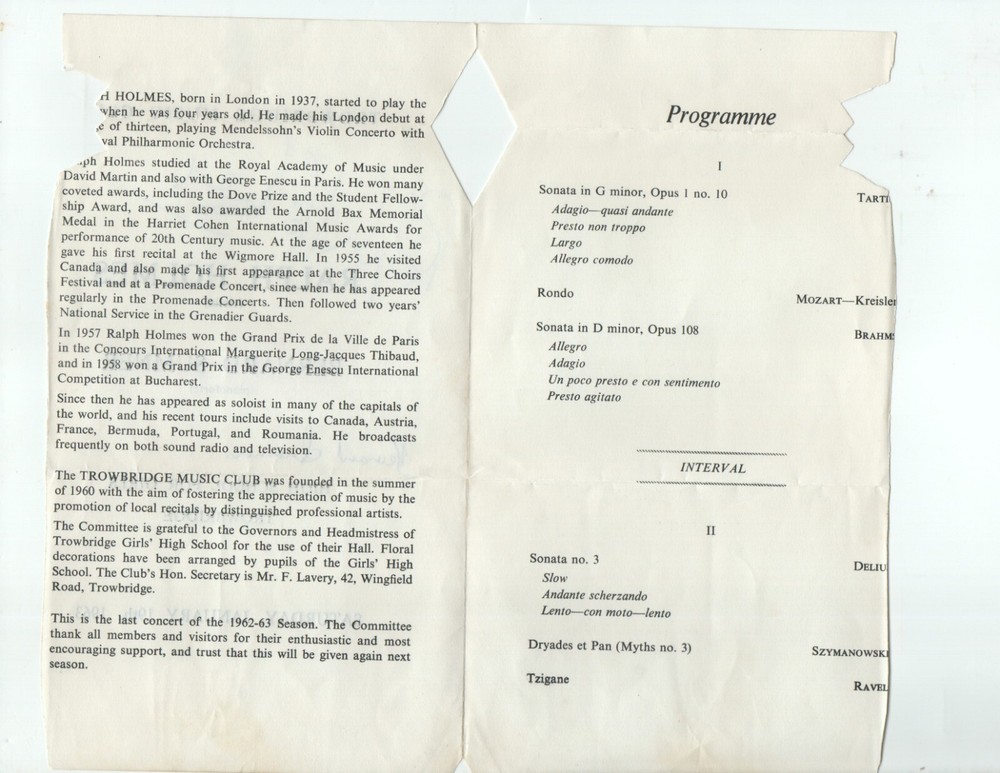 1963 classical program SIGNED by violinist Ralph Holmes & pianist Bernard Sumner