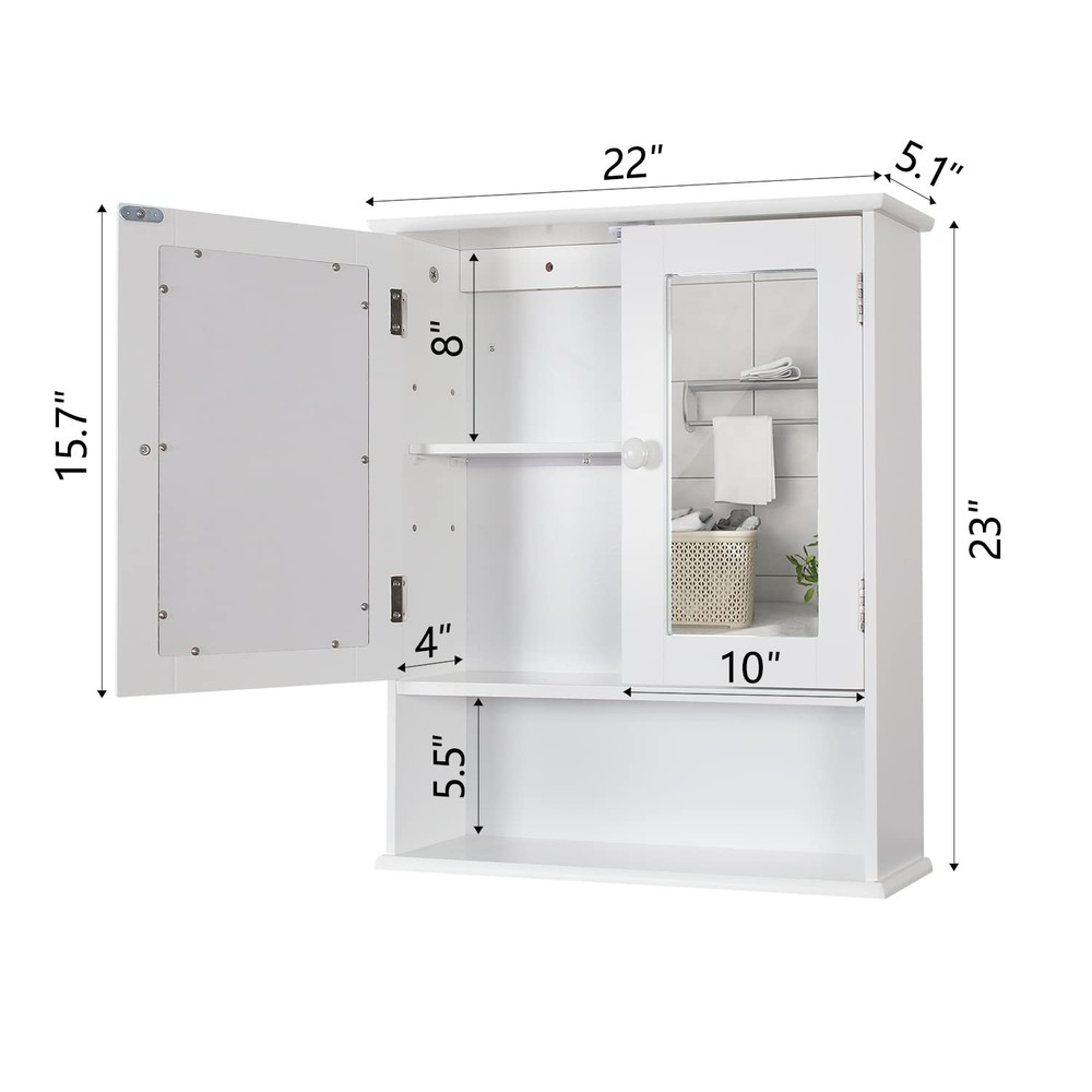 Wall Mounted Bathroom Cabinet with Mirror Doors and Shelf