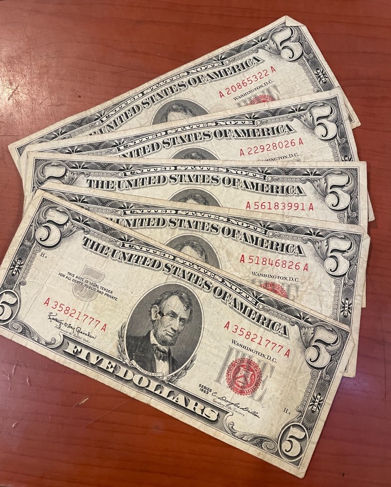 FIVE!~~~1963 Red Seal $2 Dollar Bills Circulated