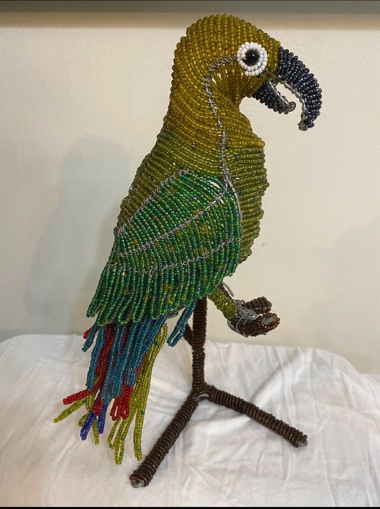 Hand Crafted Beaded  Wired Parrot Bird On Perch