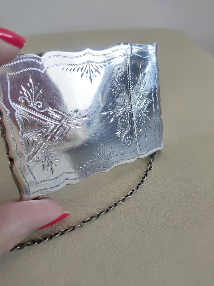 Antique Sterling Silver Calling Card Case With Chatelaine Chain