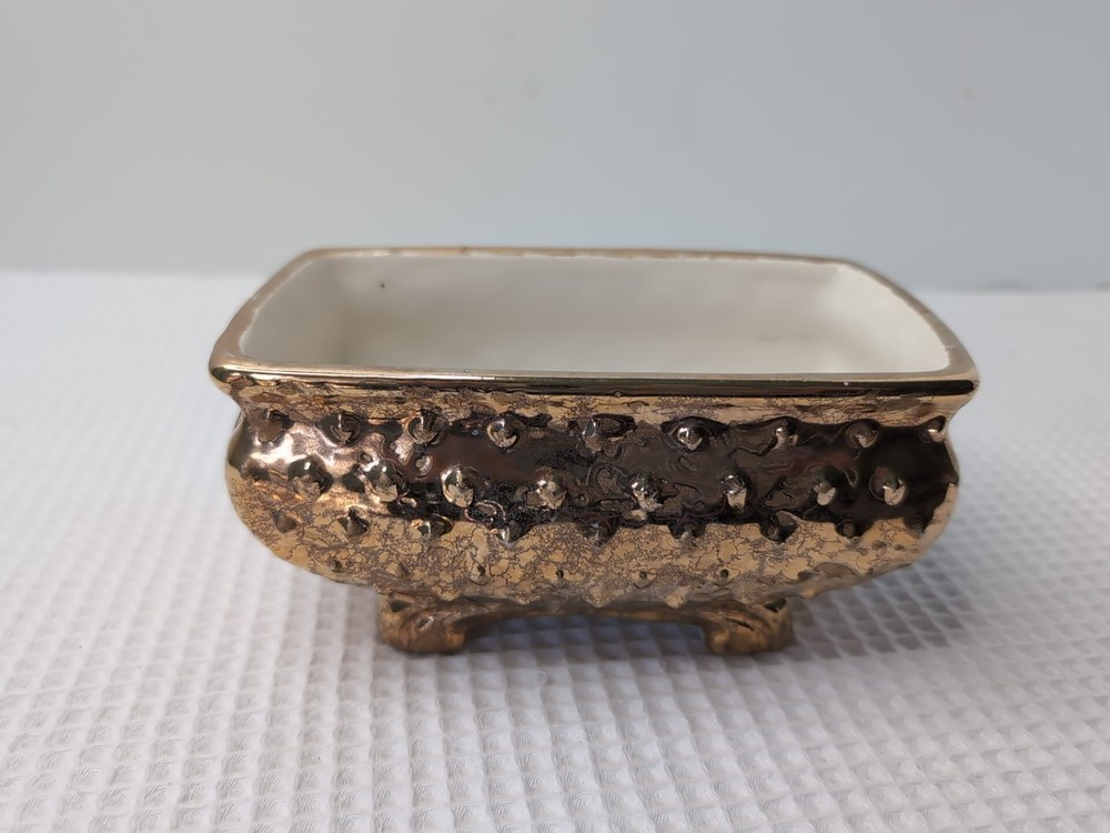 MCM Weeping Gold Style Planter Pottery Ceramic Textured Gilded Glaze Footed Base