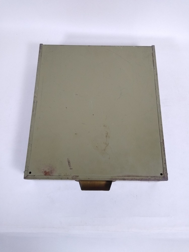 Vintage 2 Steel Storage Box w/ hinge lid, drawer, green, component, insert