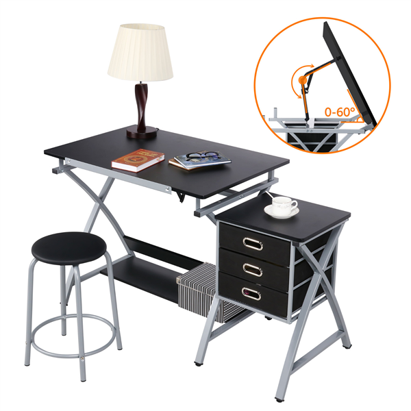 Adjustable Steel Drafting Table Three Storage Drawers Shelf and Stool