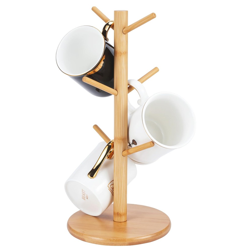 Bamboo Mug Holder, 6 Hooks Coffee Mug Holders Tree, Decorative Mug Racks for Cou