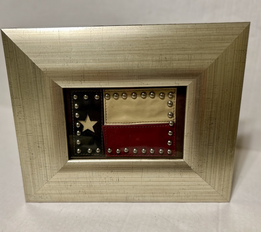 Framed Vintage TEXAS State Flag, Leather, Metal Studs, Unique Small