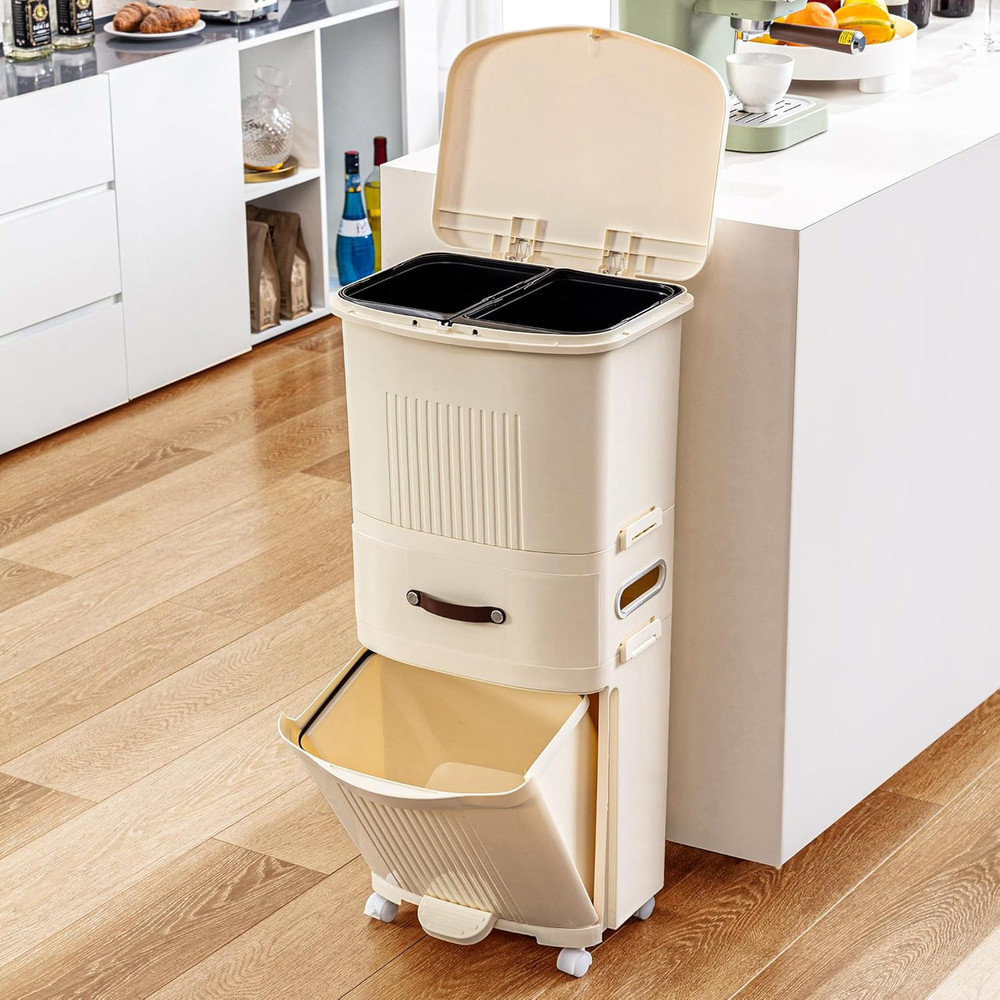 12 Gal Kitchen Trash Can with Lid, Large-Capacity Double-Layer Sorting Trash Bin