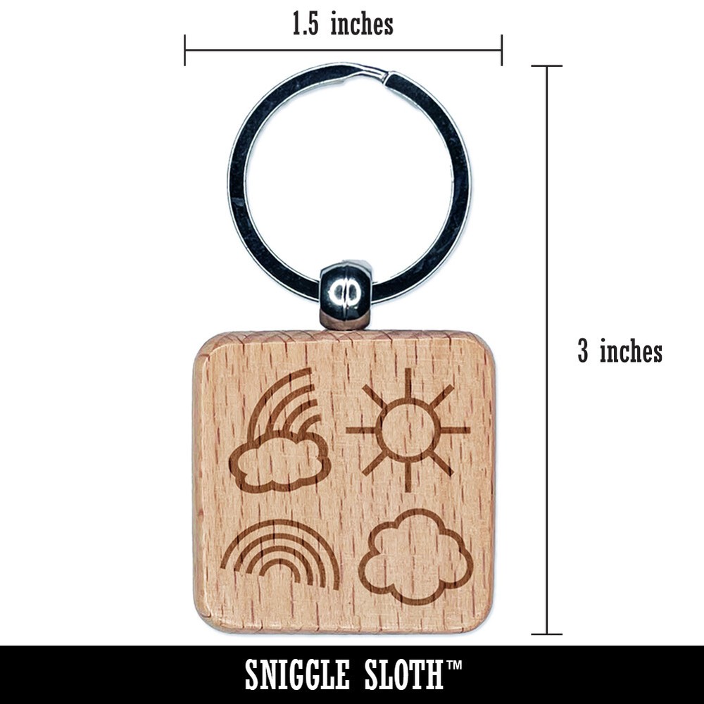 Rainbow Clouds Sun Medley Engraved Wood Square Keychain Tag Charm
